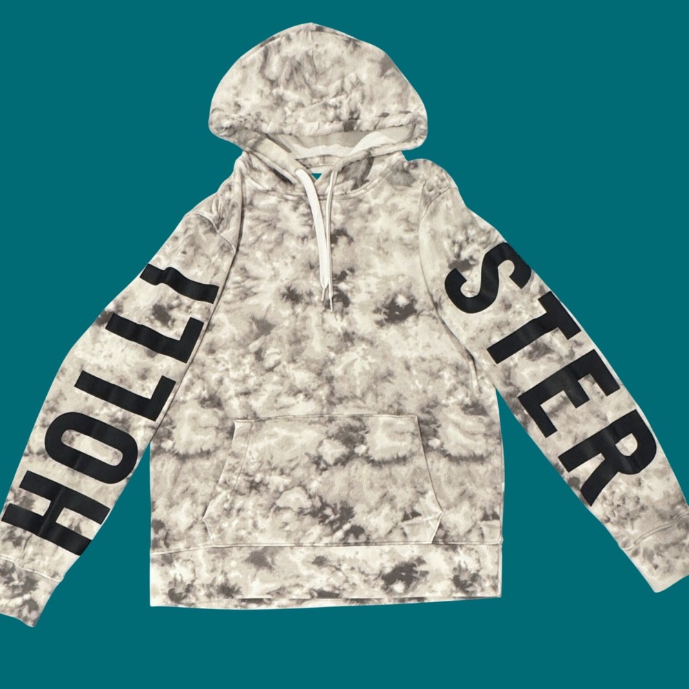 Hollister Men's L Pullover Hoodie Gray White Tie‑Dye Sleeve Logo Graphic